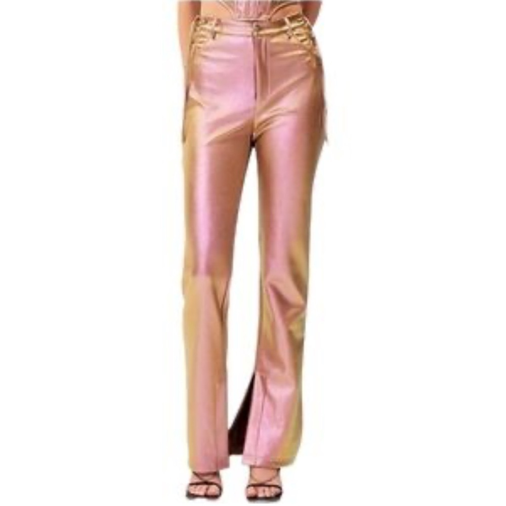 NICHOLAS Valeria Metallic Iridescent Lace Up Flare‎ Faux Leather Pants Size 6
